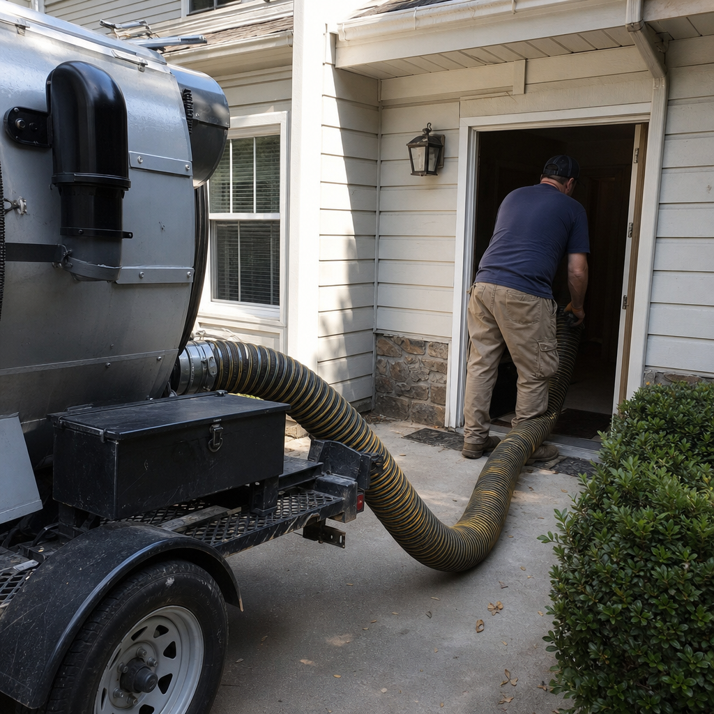Professional air duct cleaning technician vacuuming dust from residential home vents in Dacula, GA