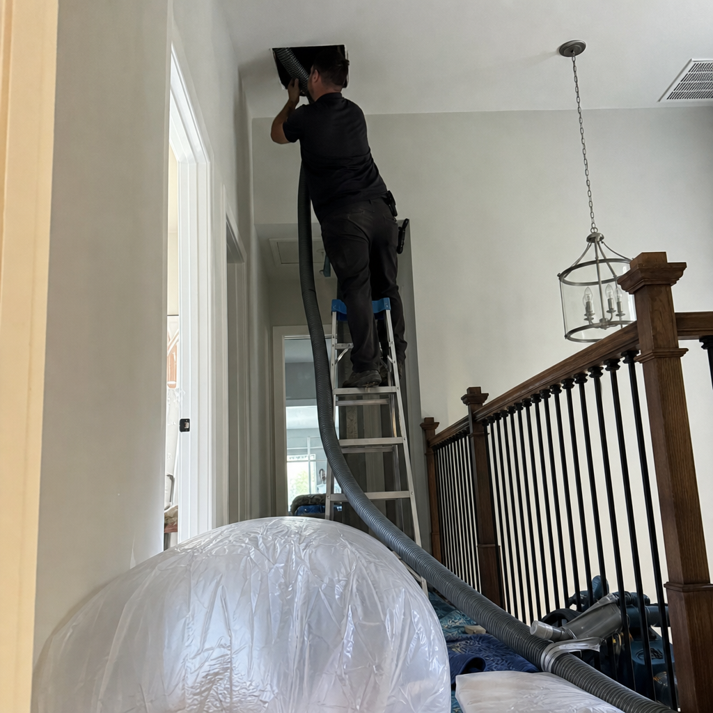 Professional air duct cleaning technician using vacuum equipment on residential ceiling vent in Rincon, GA