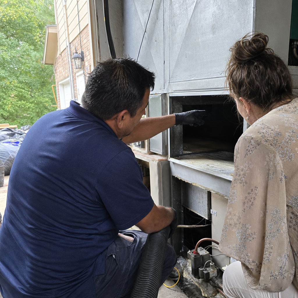 Technician explaining residential air duct cleaning process to a homeowner in Georgia, GA