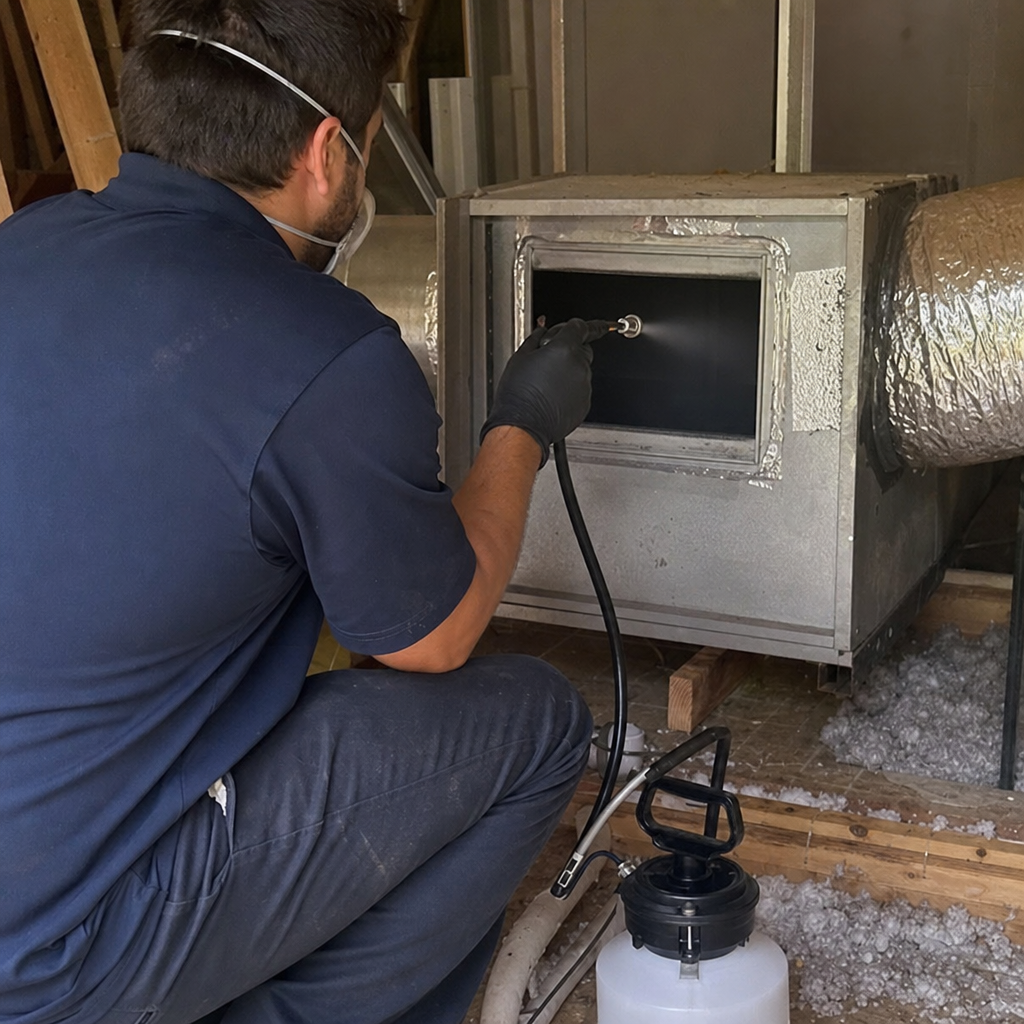 Technician performing professional HVAC air duct sanitizing and cleaning service in Gresham Park, GA