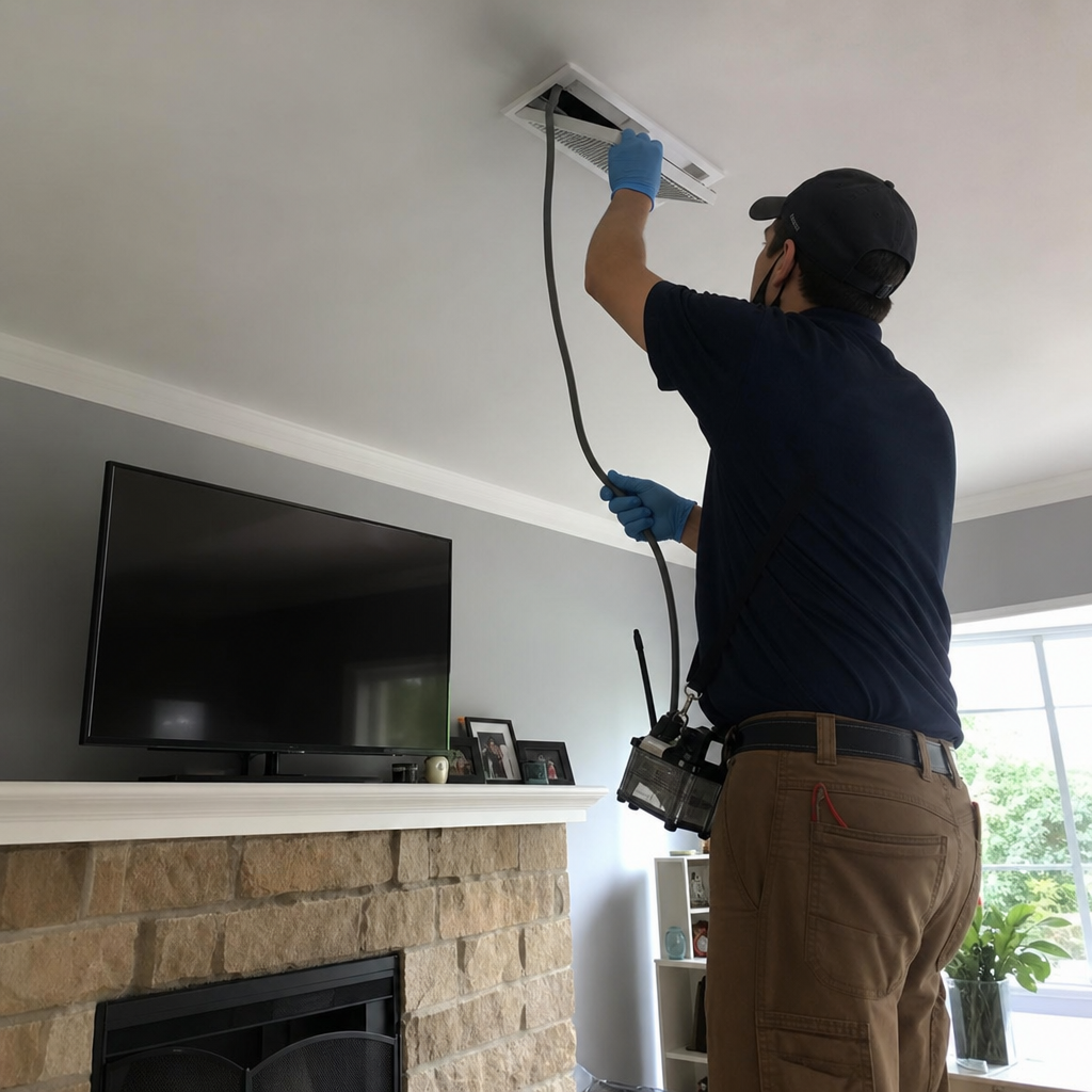 Technician performing professional air quality sanitizing and duct cleaning service in Gresham Park, GA