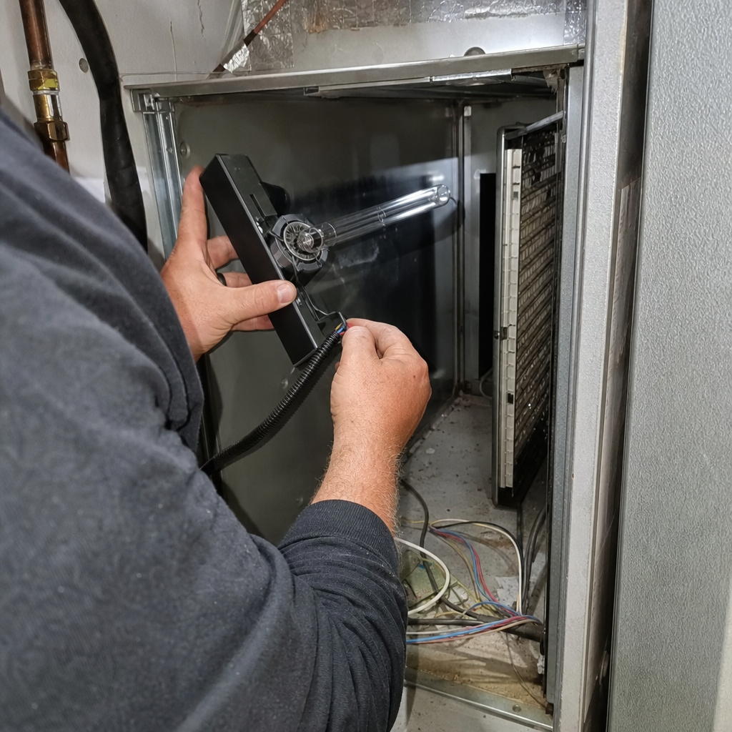 HVAC technician installing UV germicidal light for indoor air quality sanitization in Augusta, GA