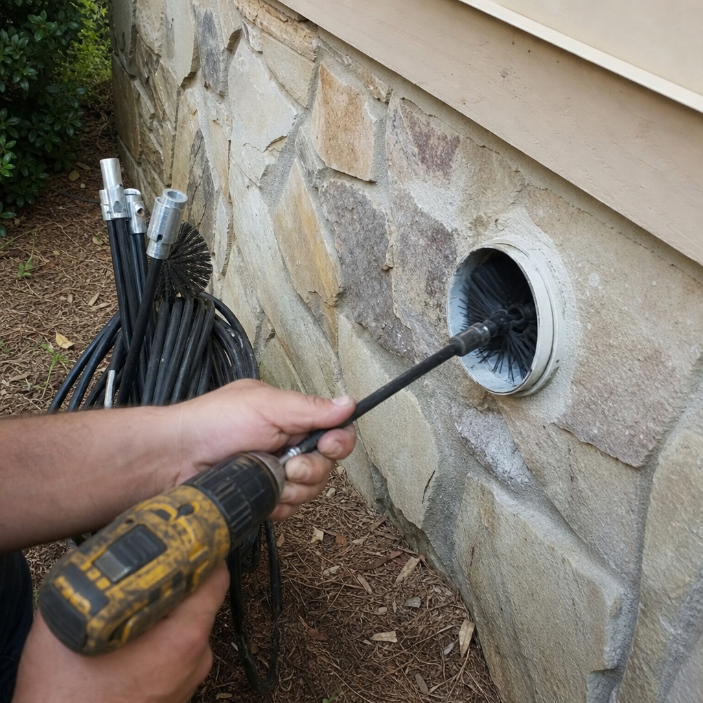 Professional dryer vent cleaning service using a rotating brush drill attachment in Georgia, GA