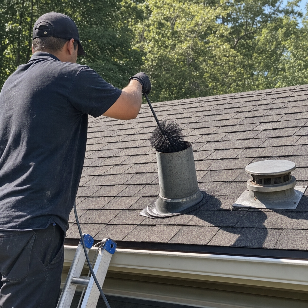 Technician performing professional dryer vent cleaning on a residential roof in Duluth, GA