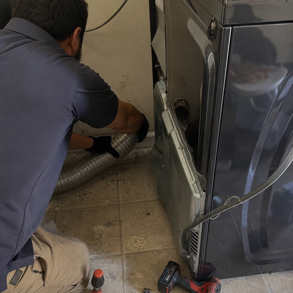 Technician performing professional dryer vent cleaning and maintenance service in Chamblee, GA