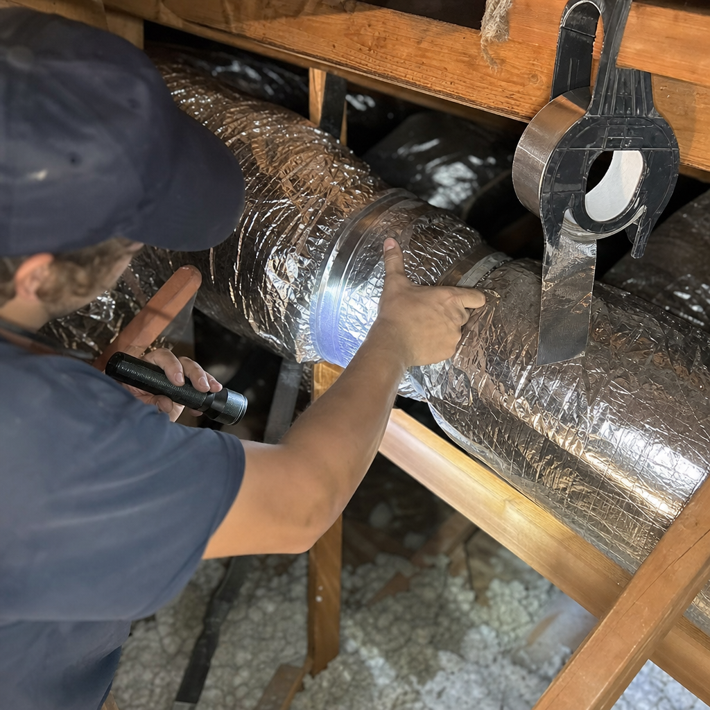 Technician performing professional air duct repair and sealing in an attic in Evans, GA