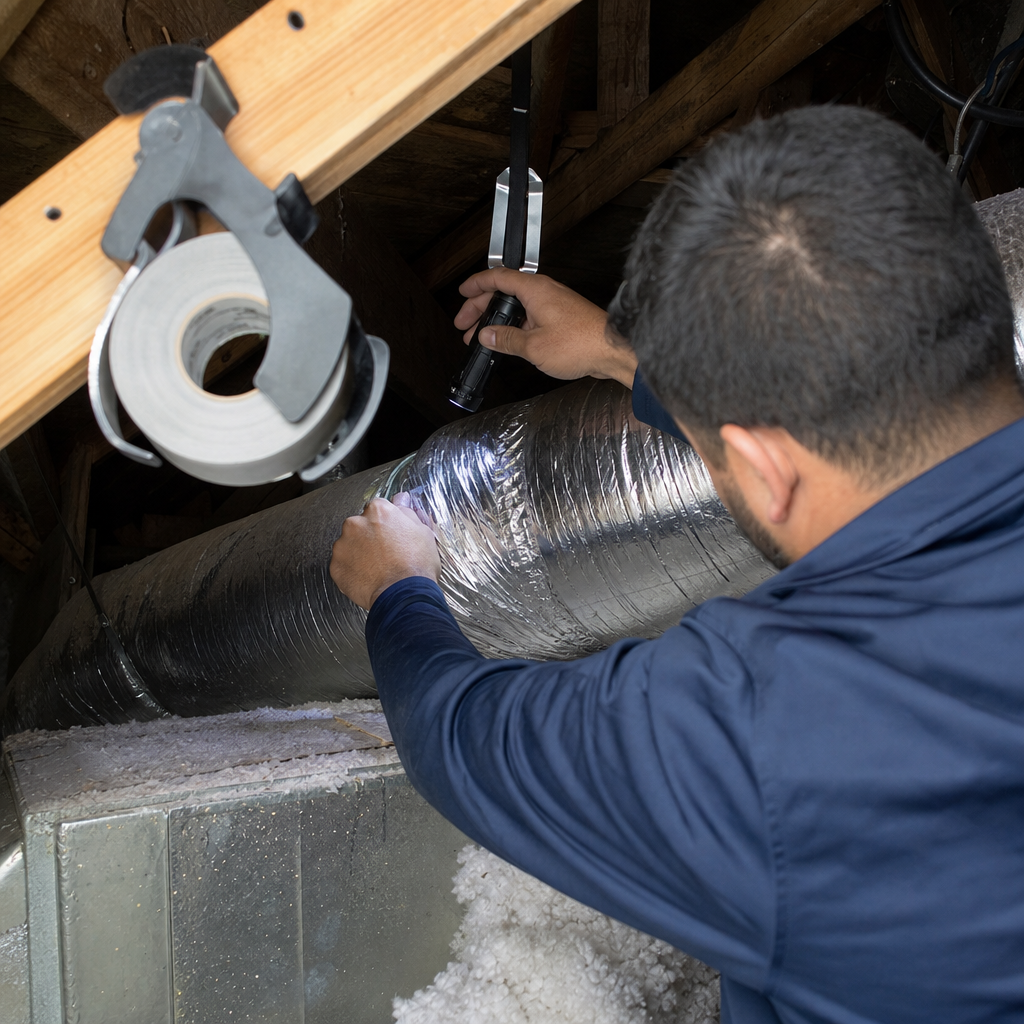Technician performing professional air duct repair and sealing in an attic in Buford, GA