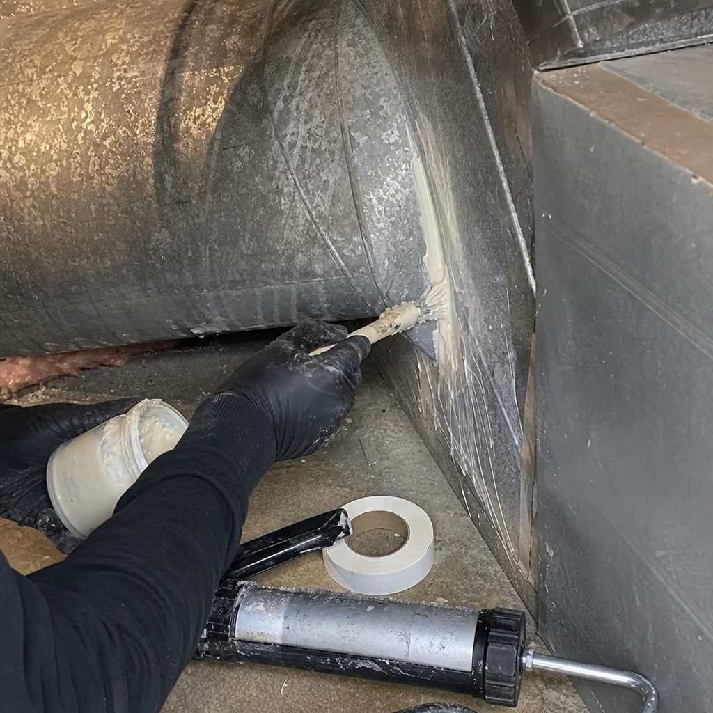 Technician applying mastic sealant to seal HVAC air duct seams. in Conley, GA
