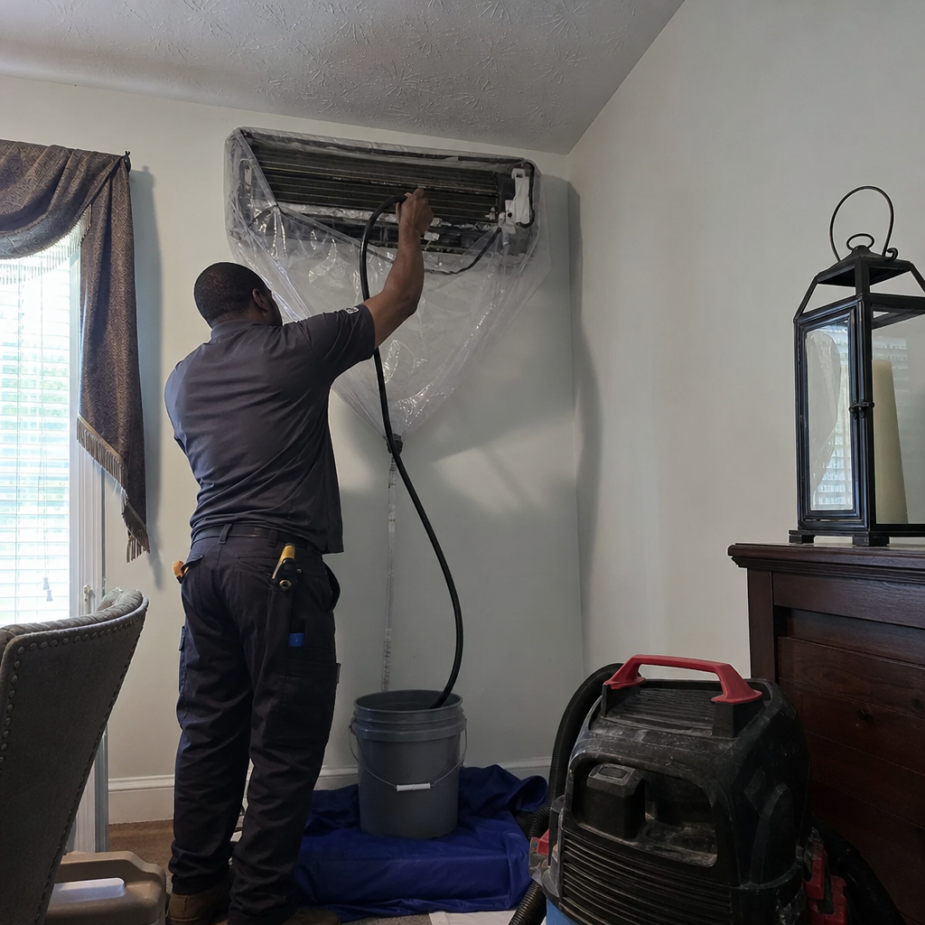 Technician performing professional wall-mounted HVAC cleaning and maintenance service in Chamblee, GA