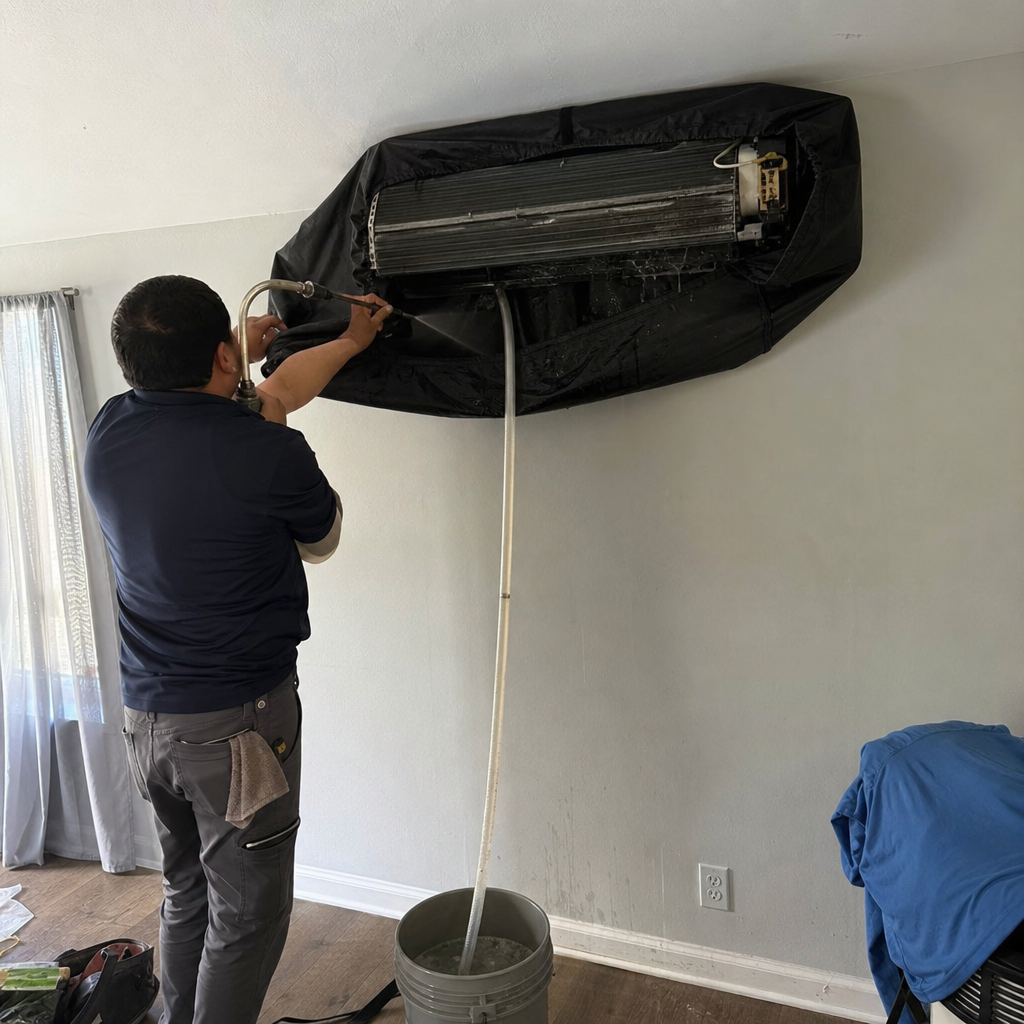 Technician performing professional HVAC ductless mini-split air conditioner cleaning in Brookhaven, GA
