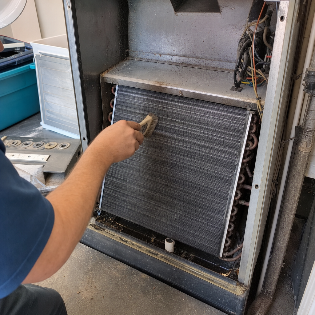 Technician using a brush to clean residential HVAC evaporator coils in Georgetown, GA